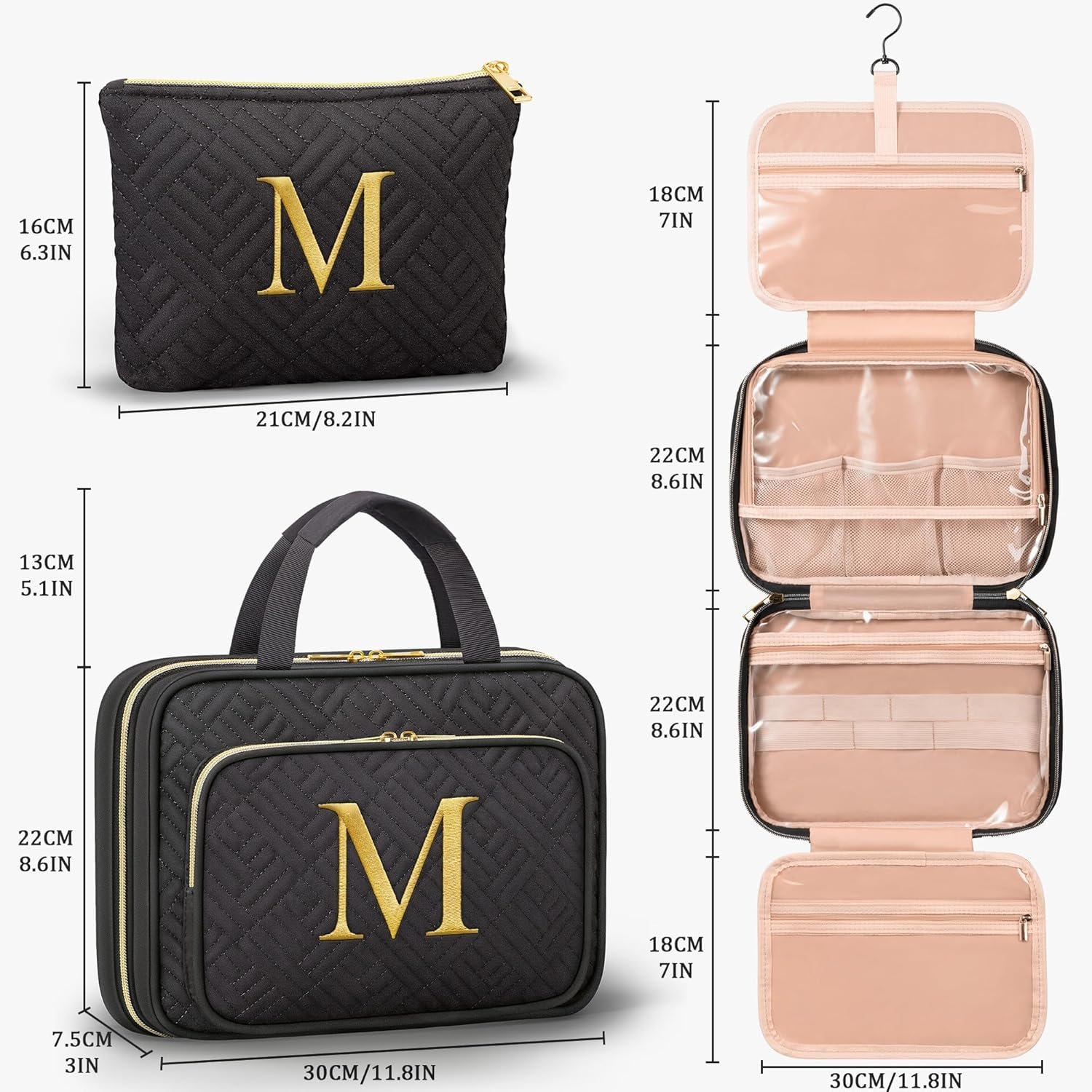 Private Label Personalized Initial Toiletry Bag Hanging Travel Organizer Makeup Cosmetic Bag with Embroidered Letter Custom Logo Teacher Appreciation Birthday Valentines Gifts for Women Mom Wife Friend Sister Factory