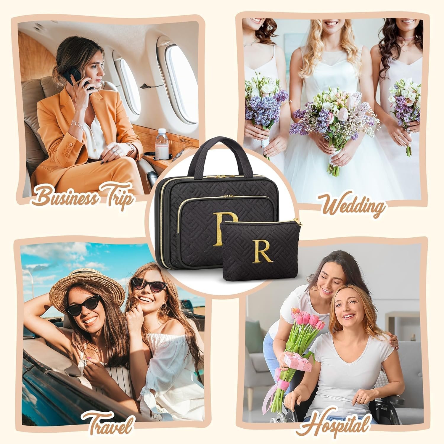 Private Label Personalized Initial Toiletry Bag Hanging Travel Organizer Makeup Cosmetic Bag with Embroidered Letter Custom Logo Teacher Appreciation Birthday Valentines Gifts for Women Mom Wife Friend Sister Factory