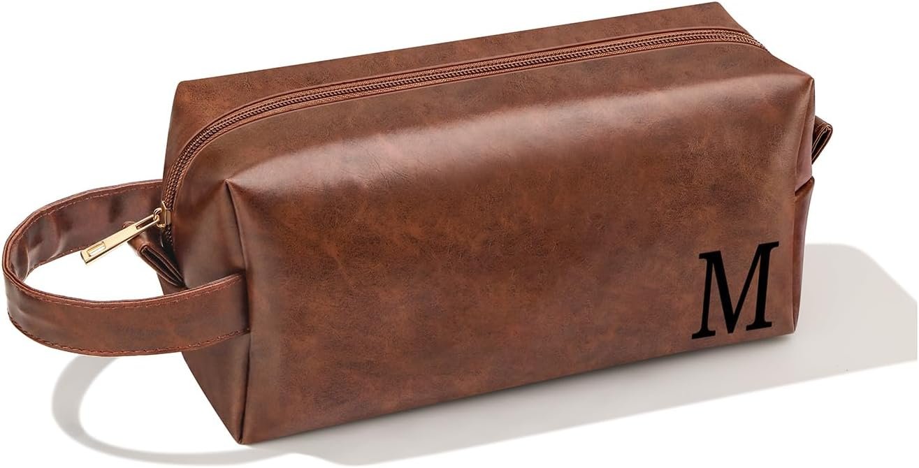 Private Label Men's Toiletry Travel Bag Initial M Personalized Leather for Men with Custom Logo Anniversary Christmas Valentines Fathers Day Birthday Gifts for Husband Dad Grandpa Brother Manufacturer