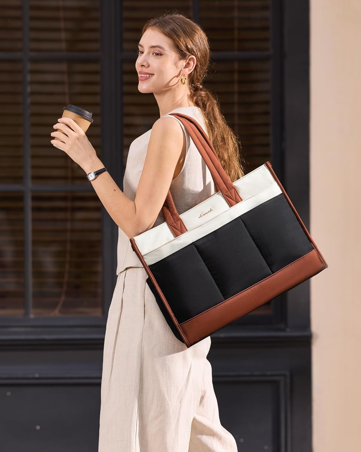 Private Label Tote Bag for Women Puffer Laptop Handbag Work Purse 15.6 Inch Teacher Nurse Large Quilted Shoulder Bag with Zipper College Office Clinical Gym Custom Logo Manufacturer Cream Black Brown