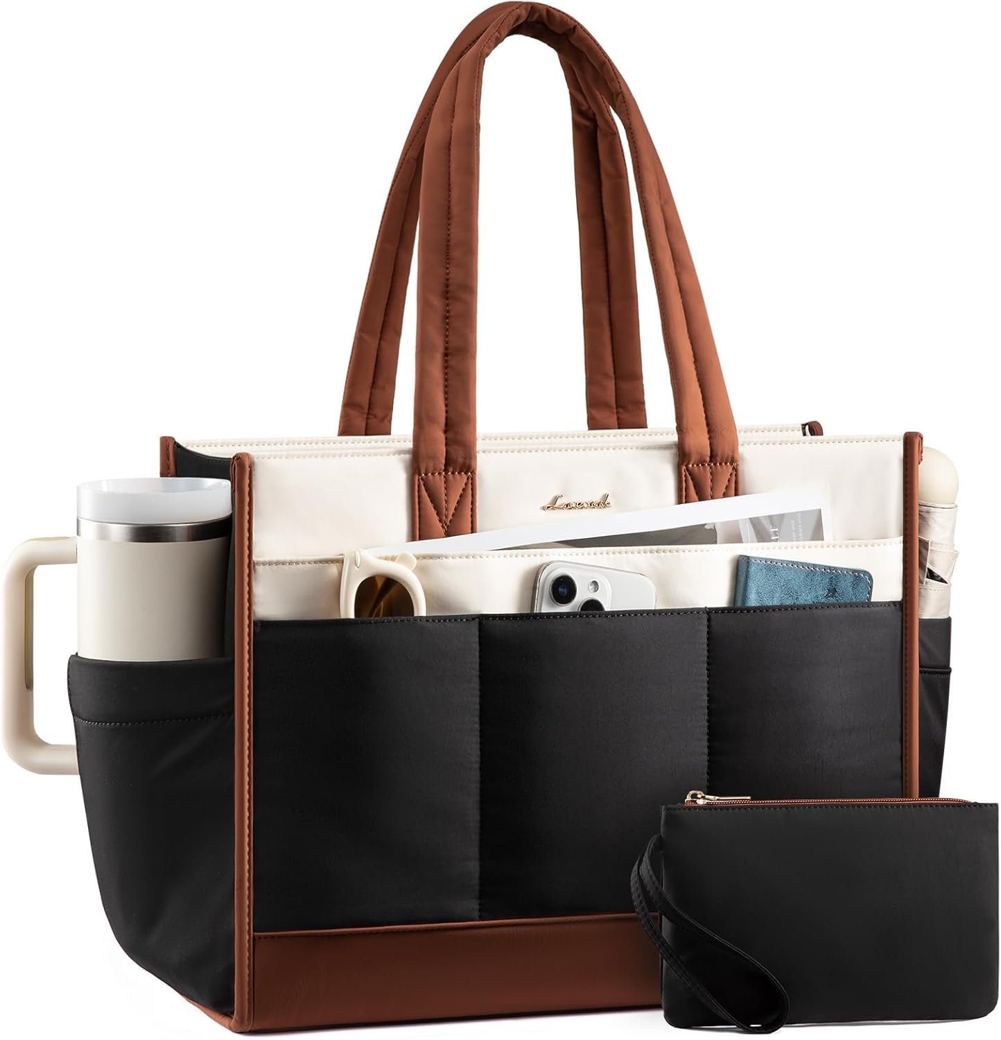 Private Label Tote Bag for Women Puffer Laptop Handbag Work Purse 15.6 Inch Teacher Nurse Large Quilted Shoulder Bag with Zipper College Office Clinical Gym Custom Logo Manufacturer Cream Black Brown