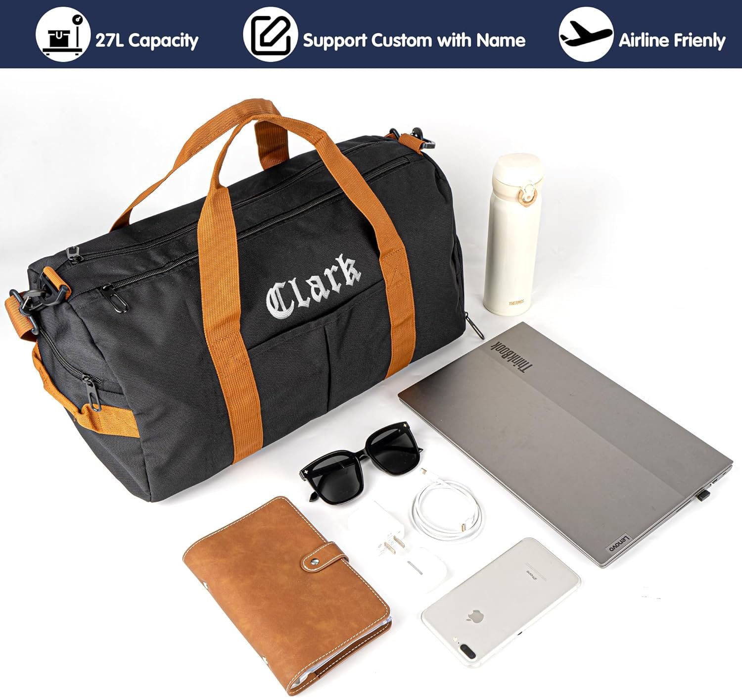 Custom Logo Duffle Bag for Men Private Label Durable Canvas Weekender Overnight Travel Bag with Shoe Compartment Manufacturer Groomsmen Gift Gym Storage Camping (Black)