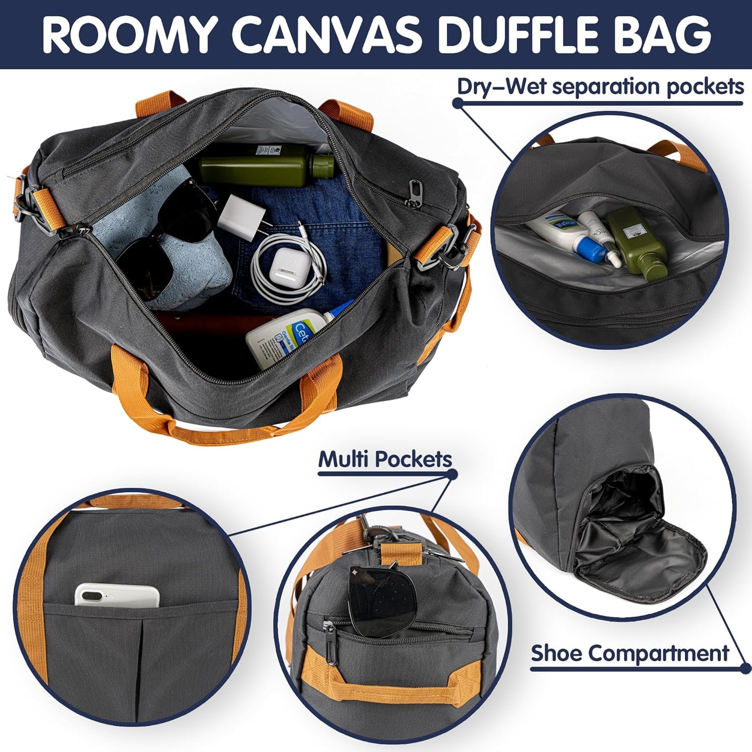 Custom Logo Duffle Bag for Men Private Label Durable Canvas Weekender Overnight Travel Bag with Shoe Compartment Manufacturer Groomsmen Gift Gym Storage Camping (Black)