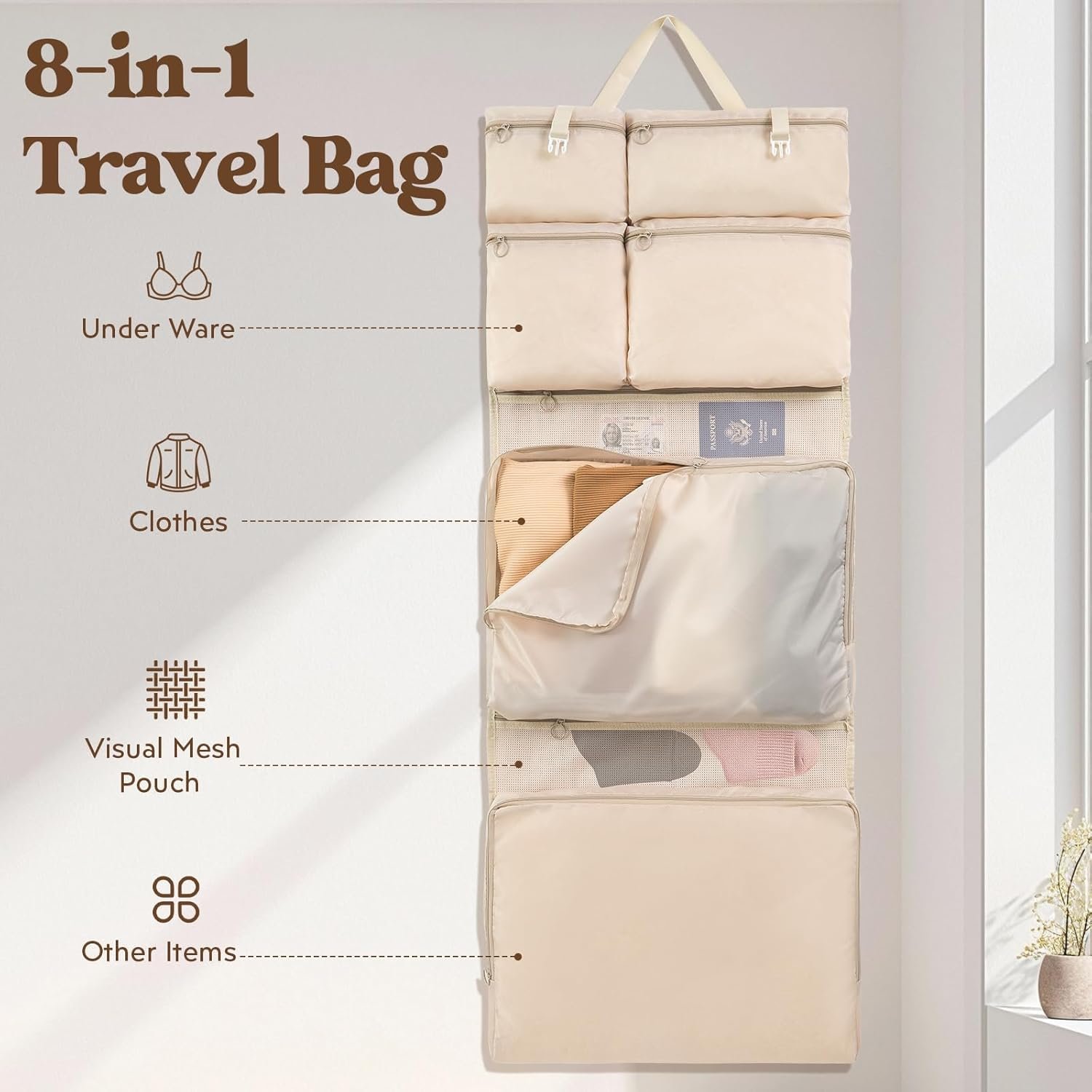 Manufacturer 8-in-1 Packing Cubes for Travel Custom Logo Suitcase Organizer Bags with Handle for Luggage Road Trip Accessories with 8 Pockets Space Saving Luggage Bags Private Label Beige