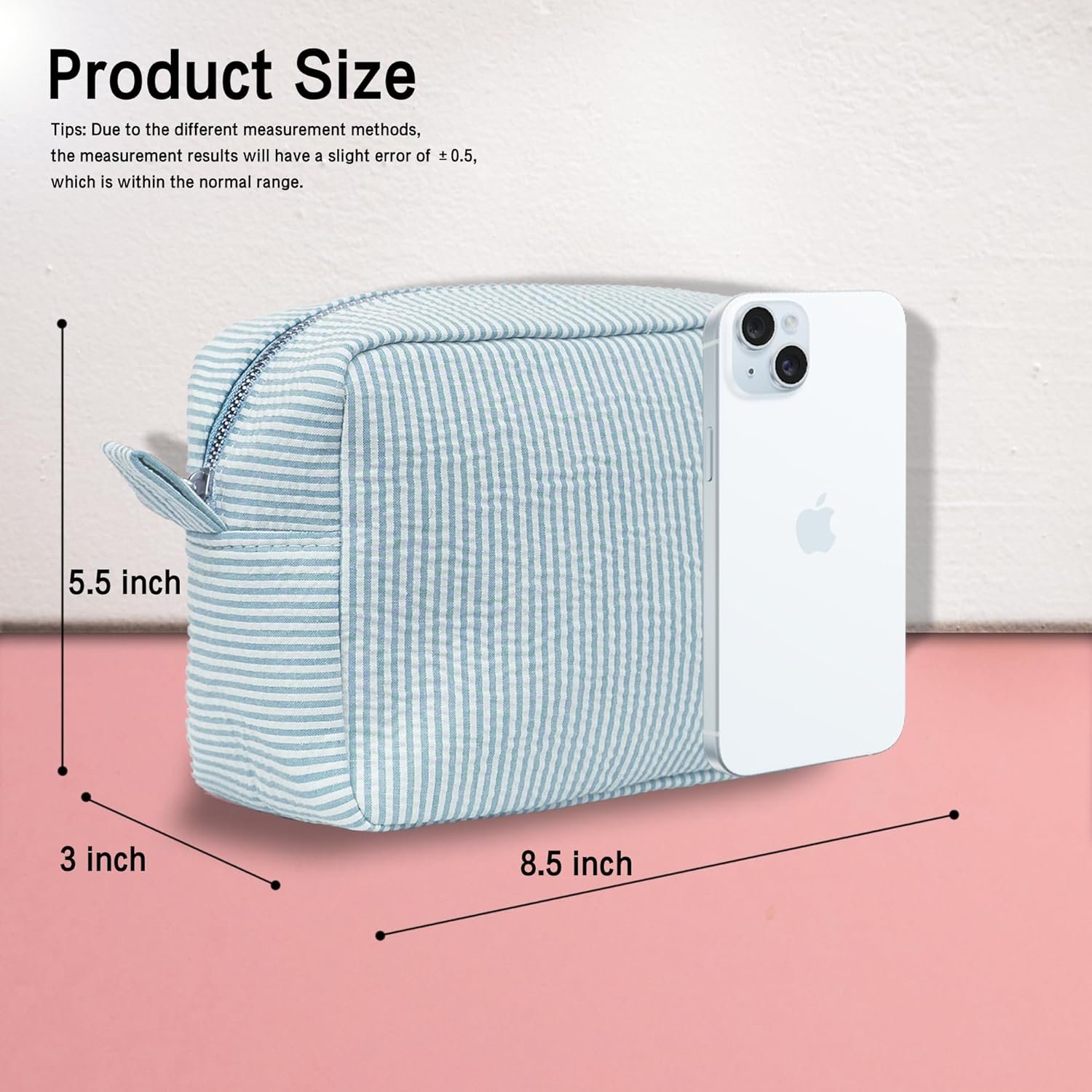 Private Label Personalized Seersucker Cosmetic Bag Cute Makeup Organizer Custom Logo for Women Girls Bridesmaid Travel Aesthetic Toiletry Storage Pouch Manufacturer (Aqua)