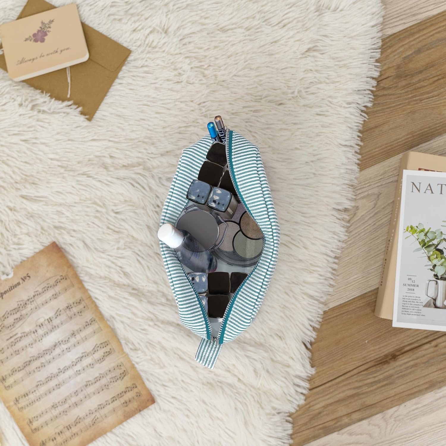 Private Label Personalized Seersucker Cosmetic Bag Cute Makeup Organizer Custom Logo for Women Girls Bridesmaid Travel Aesthetic Toiletry Storage Pouch Manufacturer (Aqua)