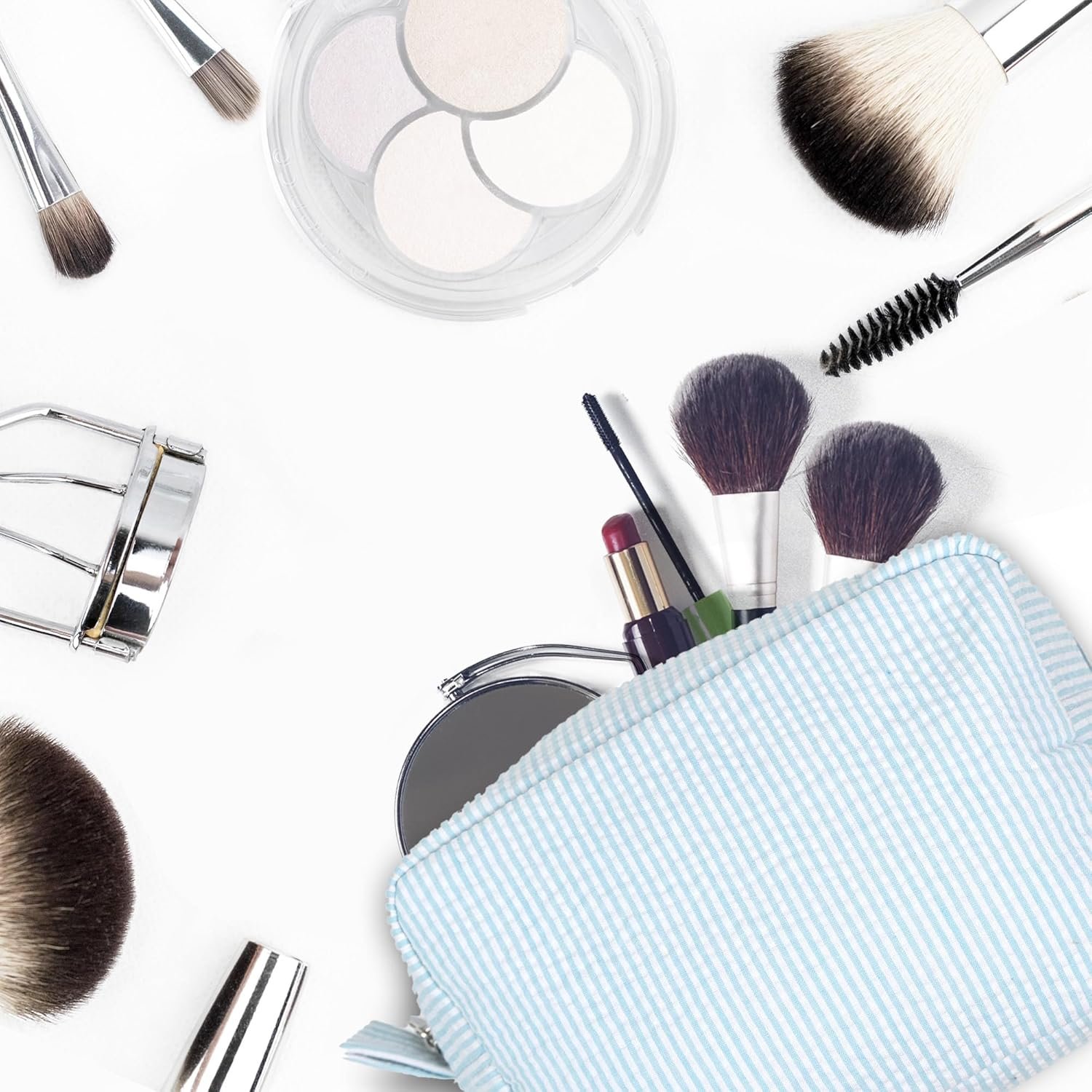 Private Label Personalized Seersucker Cosmetic Bag Cute Makeup Organizer Custom Logo for Women Girls Bridesmaid Travel Aesthetic Toiletry Storage Pouch Manufacturer (Aqua)