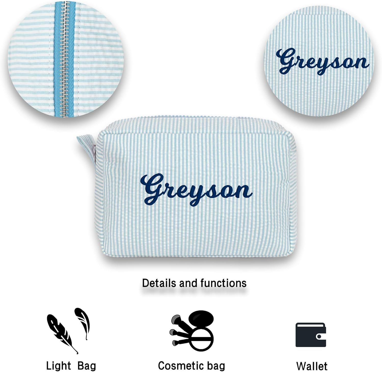 Private Label Personalized Seersucker Cosmetic Bag Cute Makeup Organizer Custom Logo for Women Girls Bridesmaid Travel Aesthetic Toiletry Storage Pouch Manufacturer (Aqua)