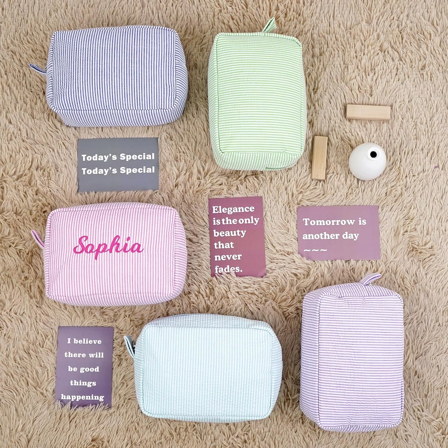 Private Label Personalized Seersucker Cosmetic Bag Cute Makeup Organizer Custom Logo for Women Girls Bridesmaid Travel Aesthetic Toiletry Storage Pouch Manufacturer (Aqua)