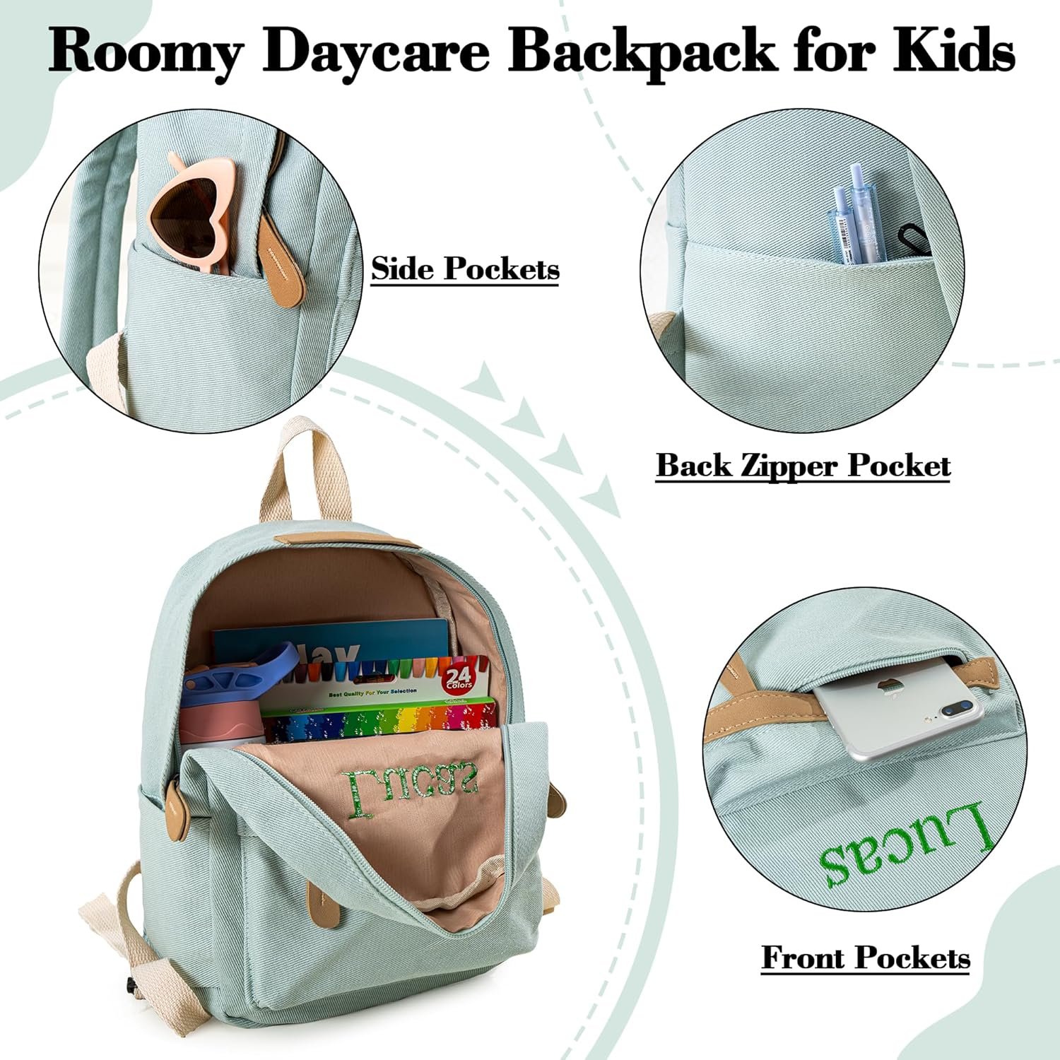 Manufacturer Daycare Backpack - Custom Logo Personalized Canvas with Name 12 Inch Classic Daypack with Back Pocket - Private Label Diapering Bag for Overnight Travel Birthday Gifts (Lake Green, Medium)