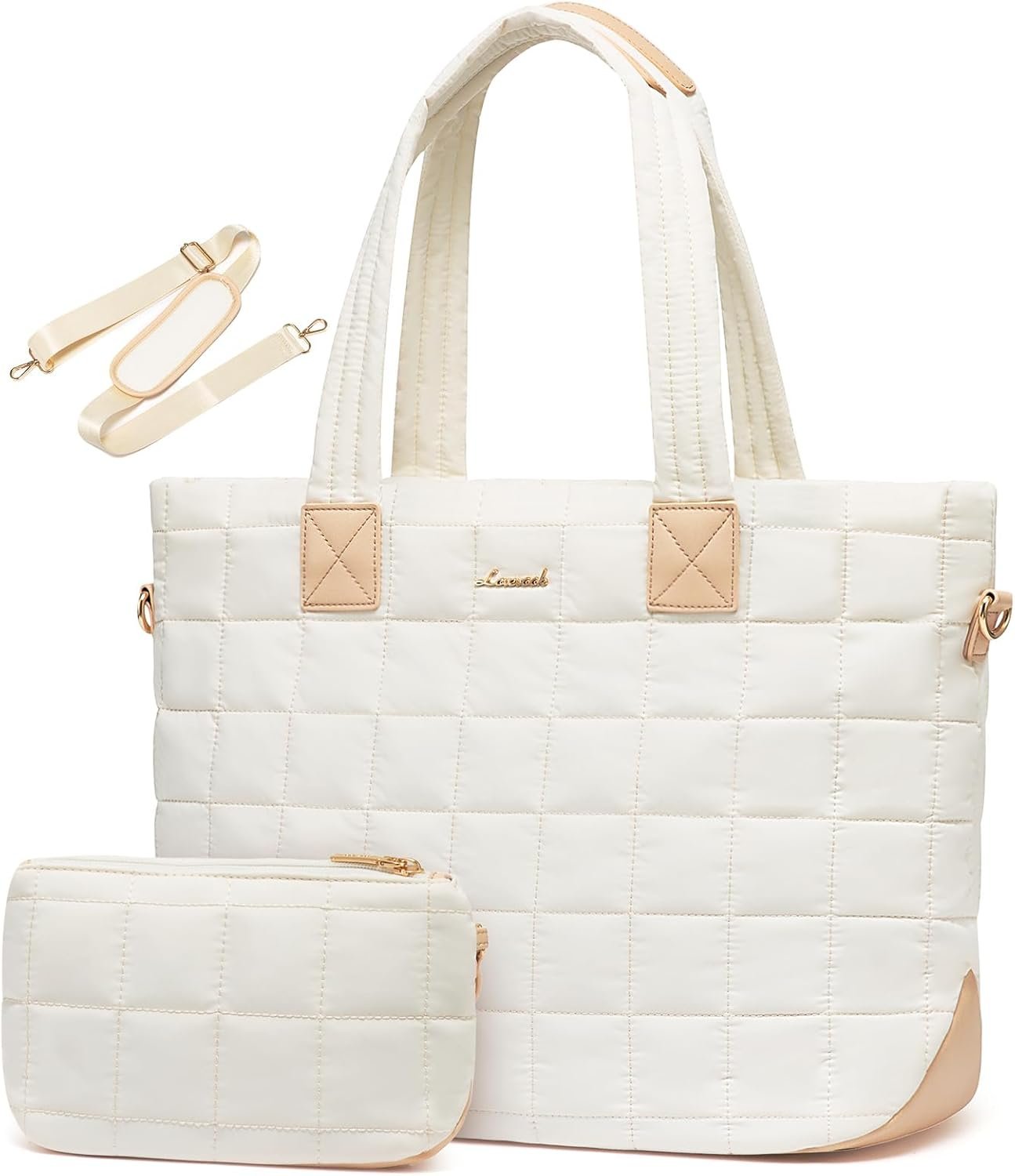 Private Label 15.6 Inch Laptop Tote Bag for Women Large Puffer Quilted Work Purse for Teachers Nurses Custom Logo Shoulder Handbag with Zipper Office College Travel Gym Manufacturer Beige