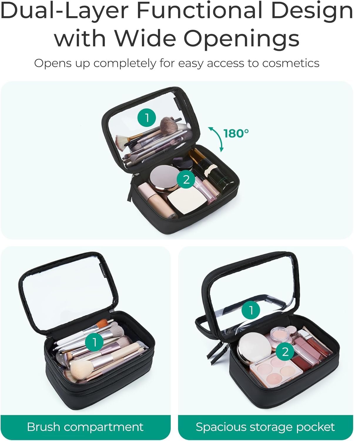 Custom Logo Double Layer Clear Makeup Bag TSA-Approved Toiletry Bag with Large Opening and Handle Private Label Water-Resistant Travel Cosmetic Bag Double Zipper for Car Essentials Factory Black