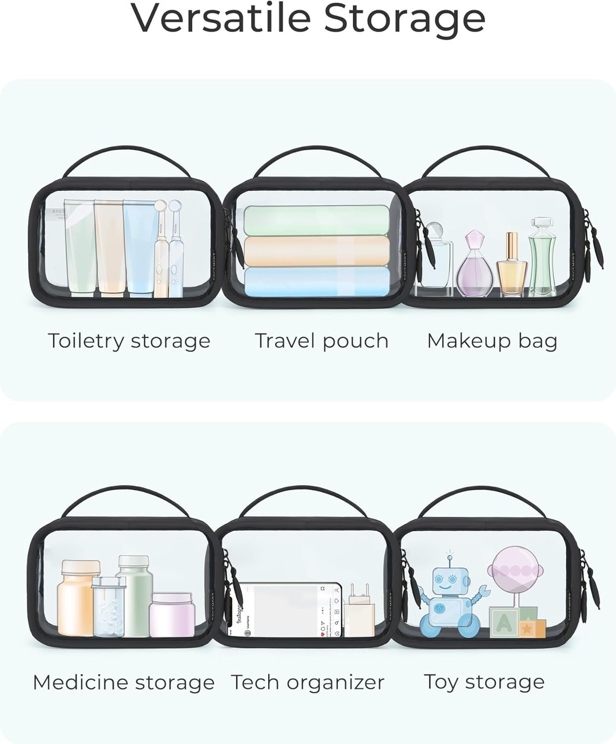 Custom Logo Double Layer Clear Makeup Bag TSA-Approved Toiletry Bag with Large Opening and Handle Private Label Water-Resistant Travel Cosmetic Bag Double Zipper for Car Essentials Factory Black