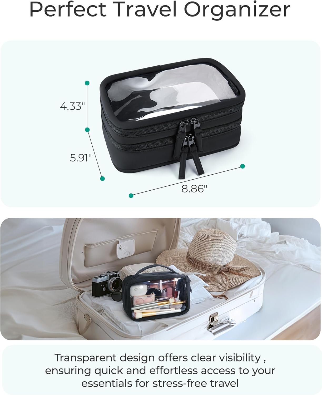 Custom Logo Double Layer Clear Makeup Bag TSA-Approved Toiletry Bag with Large Opening and Handle Private Label Water-Resistant Travel Cosmetic Bag Double Zipper for Car Essentials Factory Black