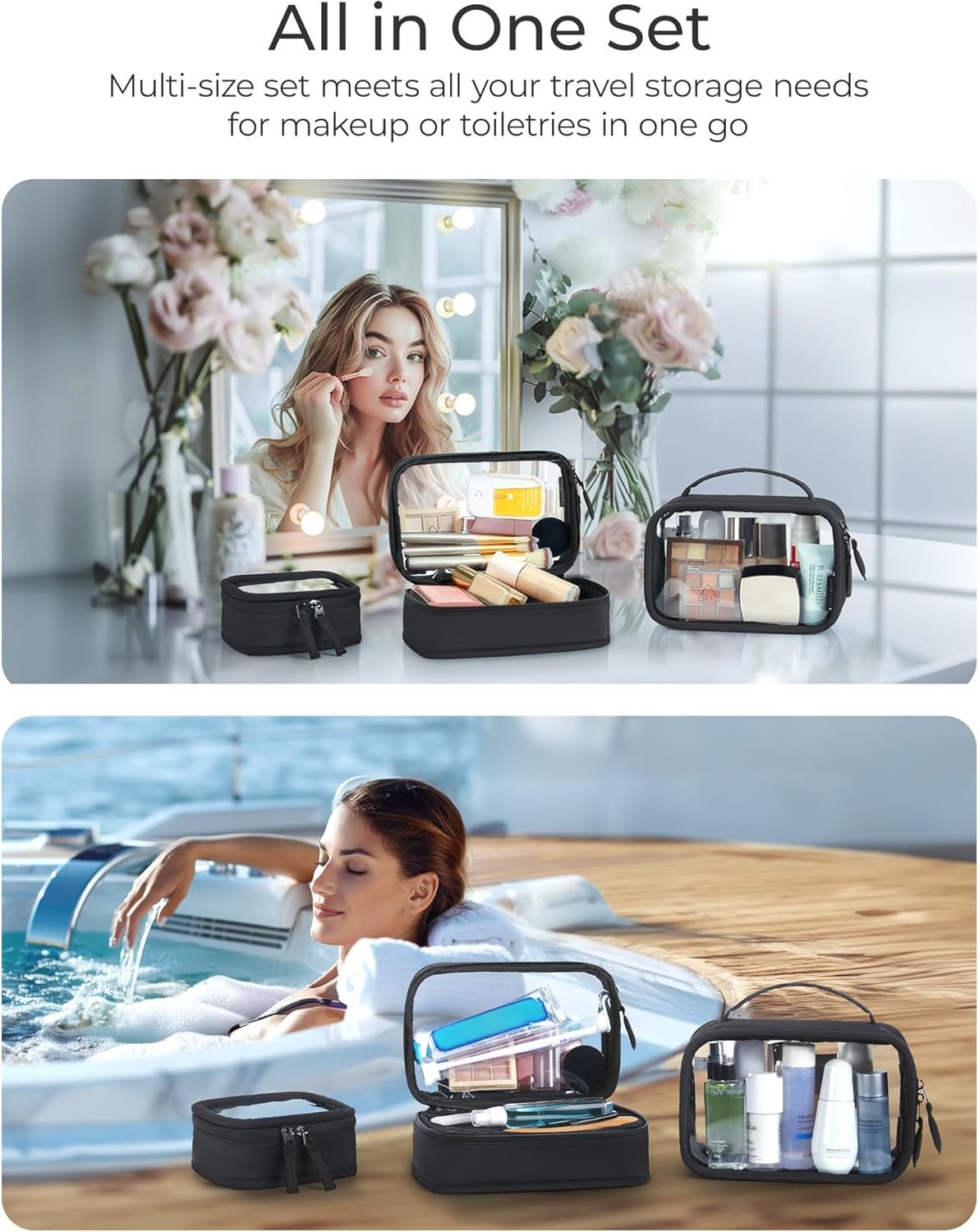 Custom Logo Double Layer Clear Makeup Bag TSA-Approved Toiletry Bag with Large Opening and Handle Private Label Water-Resistant Travel Cosmetic Bag Double Zipper for Car Essentials Factory Black