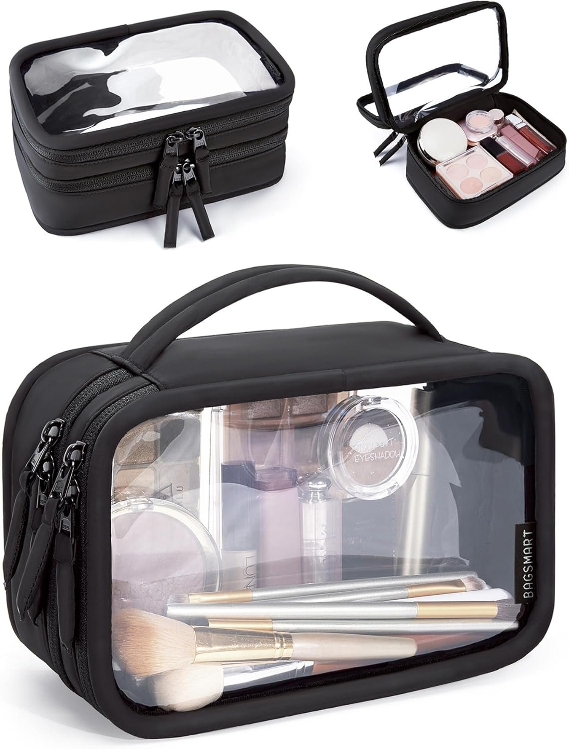 Custom Logo Double Layer Clear Makeup Bag TSA-Approved Toiletry Bag with Large Opening and Handle Private Label Water-Resistant Travel Cosmetic Bag Double Zipper for Car Essentials Factory Black