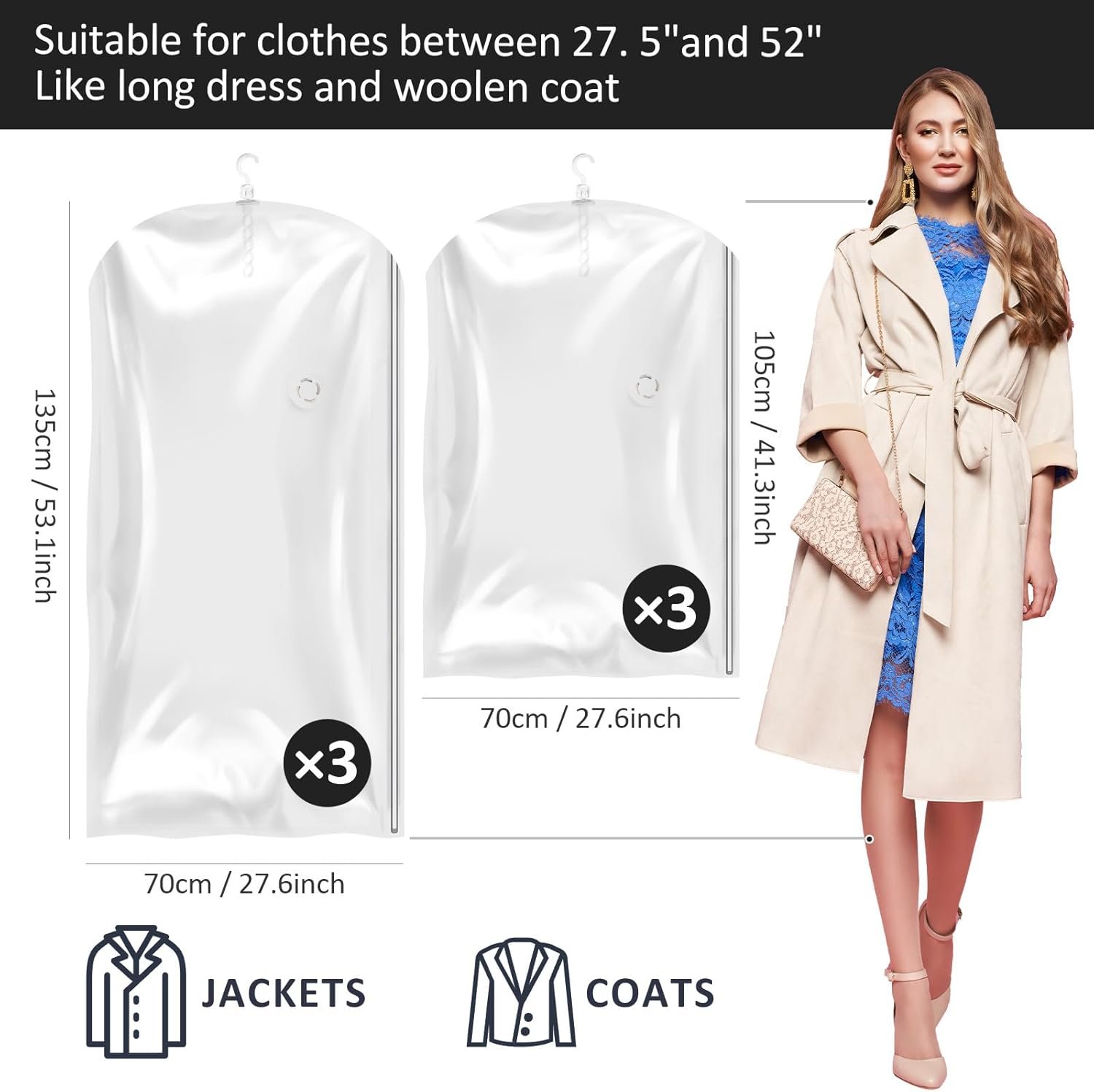 Custom Logo Hanging Vacuum Storage Bags Private Label 6 Pack Large Space Saver Vacuum Sealed for Clothes Suits Dresses Jackets Moving Supplies (3 Long 3 Short) Manufacturer