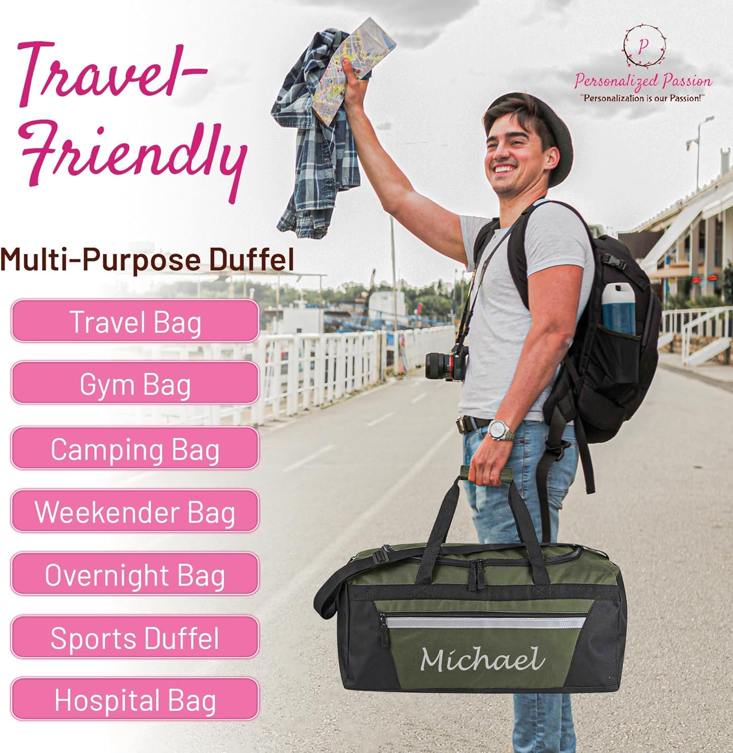 Private Label Personalized Duffel Bag for Men and Women - Custom Logo Perfect Sized Water Resistant Travel Duffel - Manufacturer Overnight Weekender Storage Bag Gray