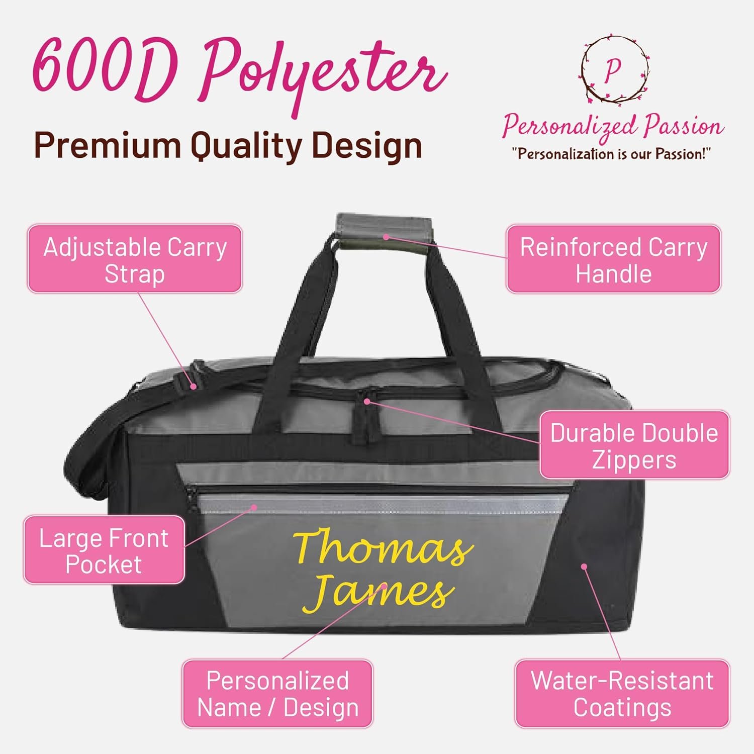 Private Label Personalized Duffel Bag for Men and Women - Custom Logo Perfect Sized Water Resistant Travel Duffel - Manufacturer Overnight Weekender Storage Bag Gray