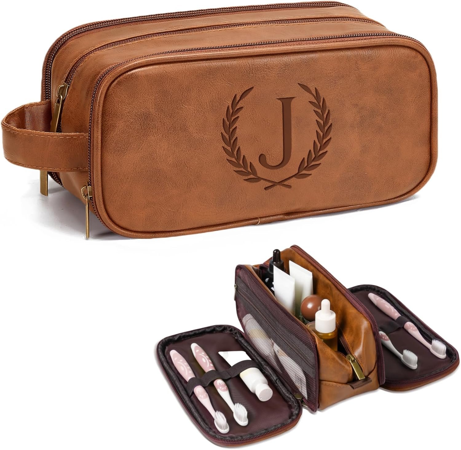 Private Label Mens Personalized Toiletry Bag Shower Caddy Medium Yellow Brown J Initial Custom Logo Travel Essentials Gifts for Boyfriend Wheat Manufacturer