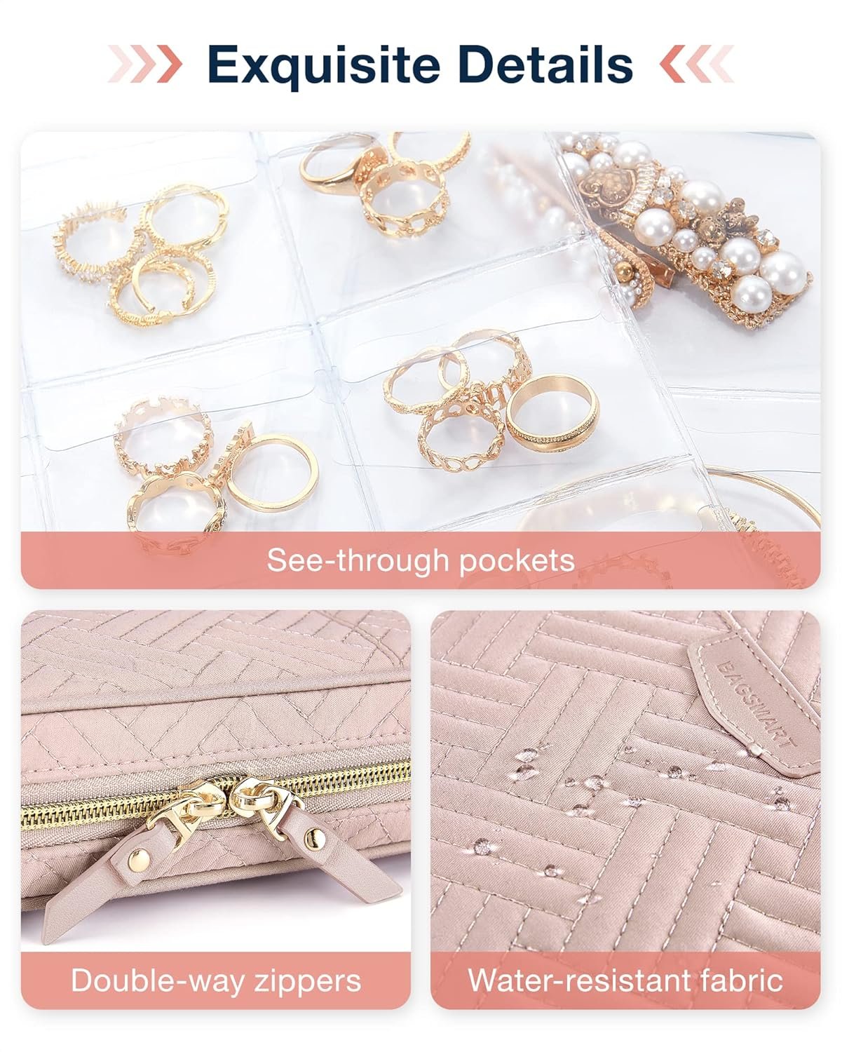 Private Label Large Jewelry Travel Organizer Case Custom Logo Clear Zipper Pouch Manufacturer Ring Binder Rolls for Necklaces Earrings Rings Bracelets Pink