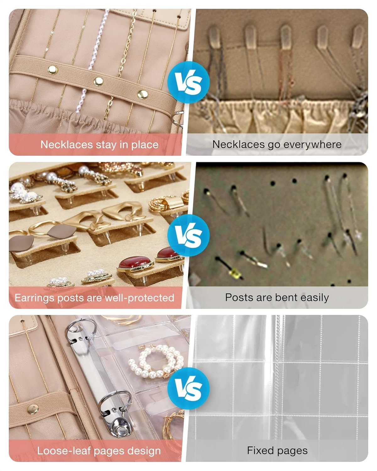 Private Label Large Jewelry Travel Organizer Case Custom Logo Clear Zipper Pouch Manufacturer Ring Binder Rolls for Necklaces Earrings Rings Bracelets Pink