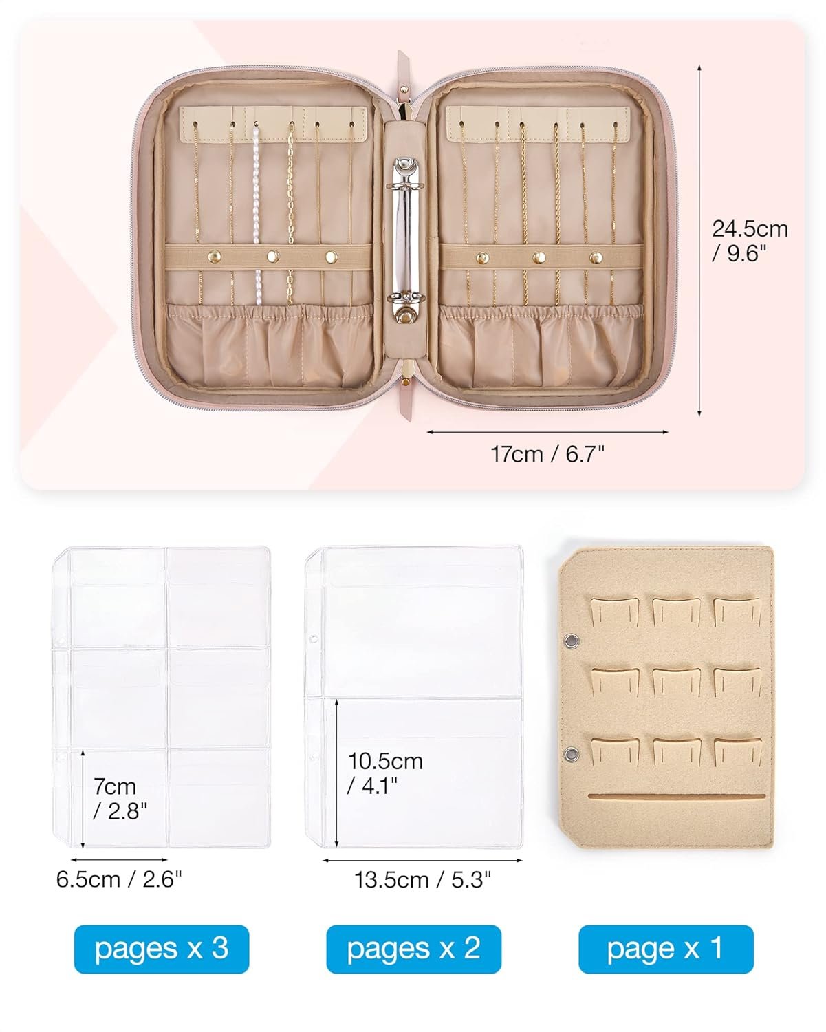 Private Label Large Jewelry Travel Organizer Case Custom Logo Clear Zipper Pouch Manufacturer Ring Binder Rolls for Necklaces Earrings Rings Bracelets Pink