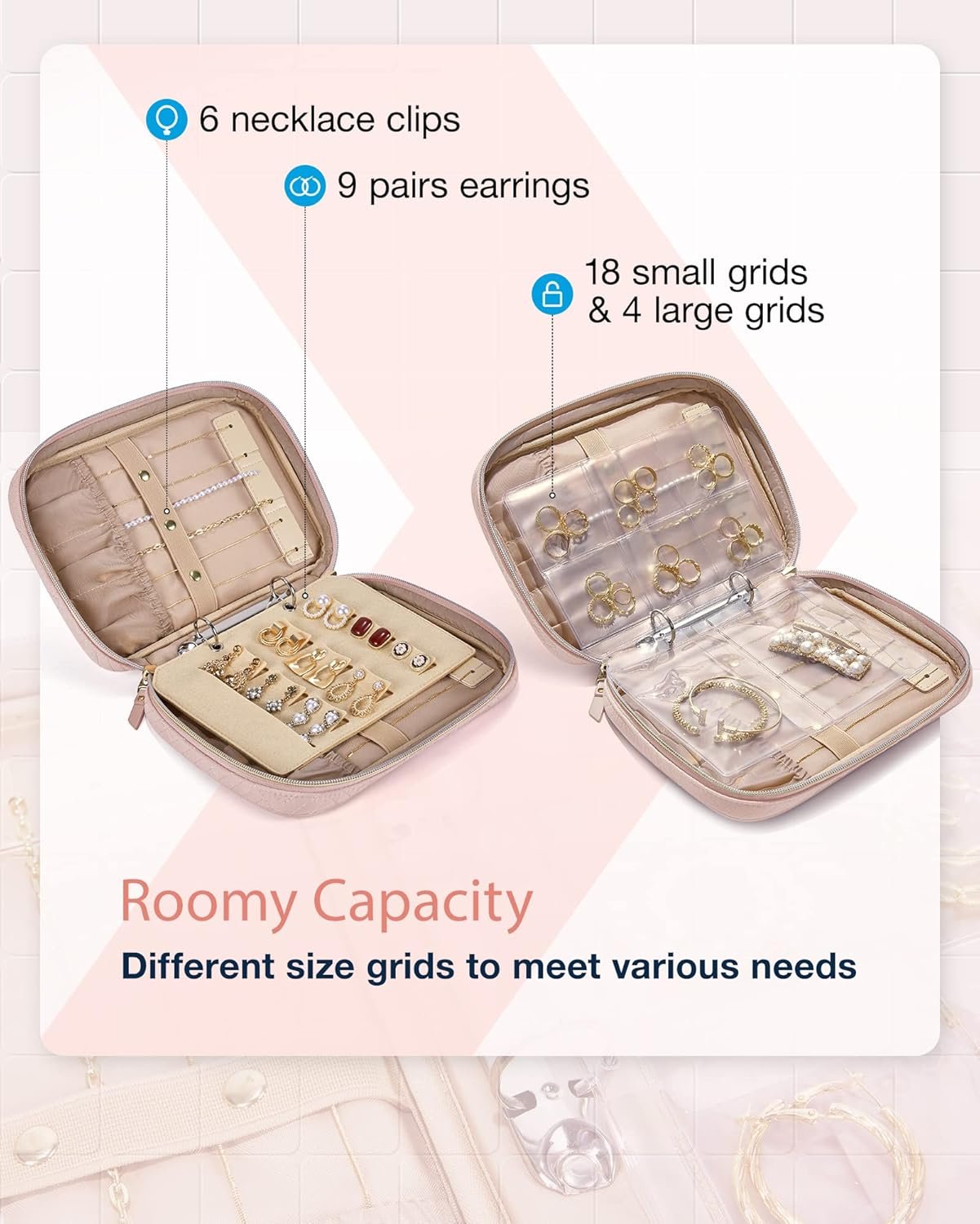 Private Label Large Jewelry Travel Organizer Case Custom Logo Clear Zipper Pouch Manufacturer Ring Binder Rolls for Necklaces Earrings Rings Bracelets Pink