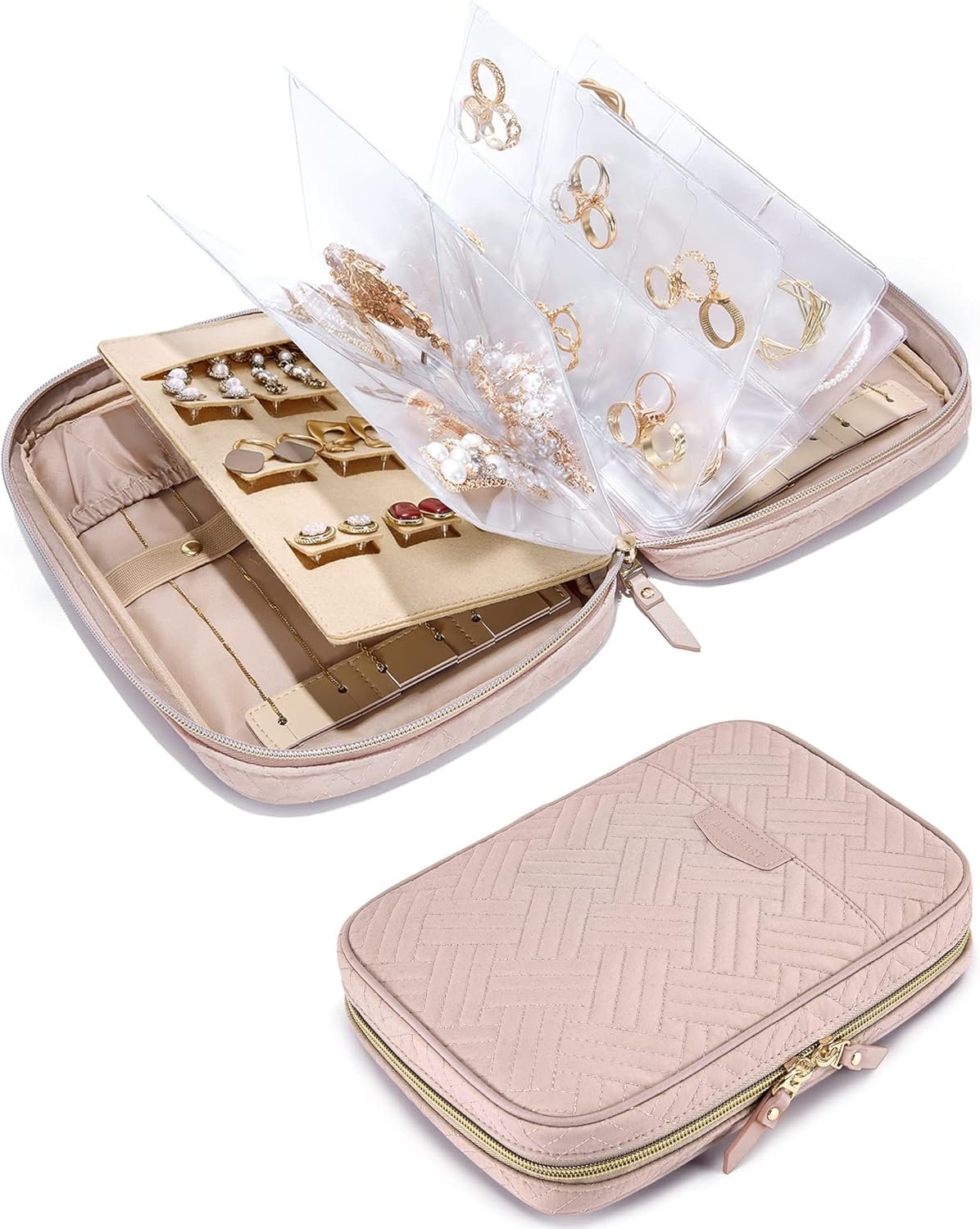 Private Label Large Jewelry Travel Organizer Case Custom Logo Clear Zipper Pouch Manufacturer Ring Binder Rolls for Necklaces Earrings Rings Bracelets Pink