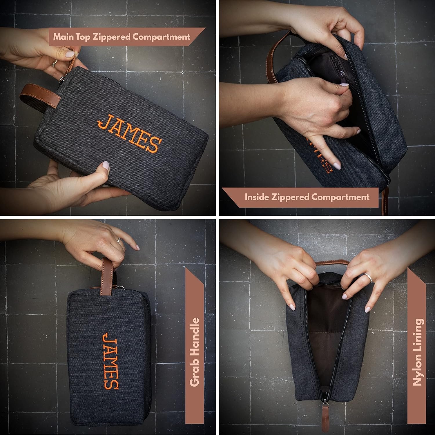 Custom Logo Embroidered Handcrafted Personalized Toiletry Bag for Men w/Name 5 Canvas & 8 Thread Colors Private Label Factory Gifts