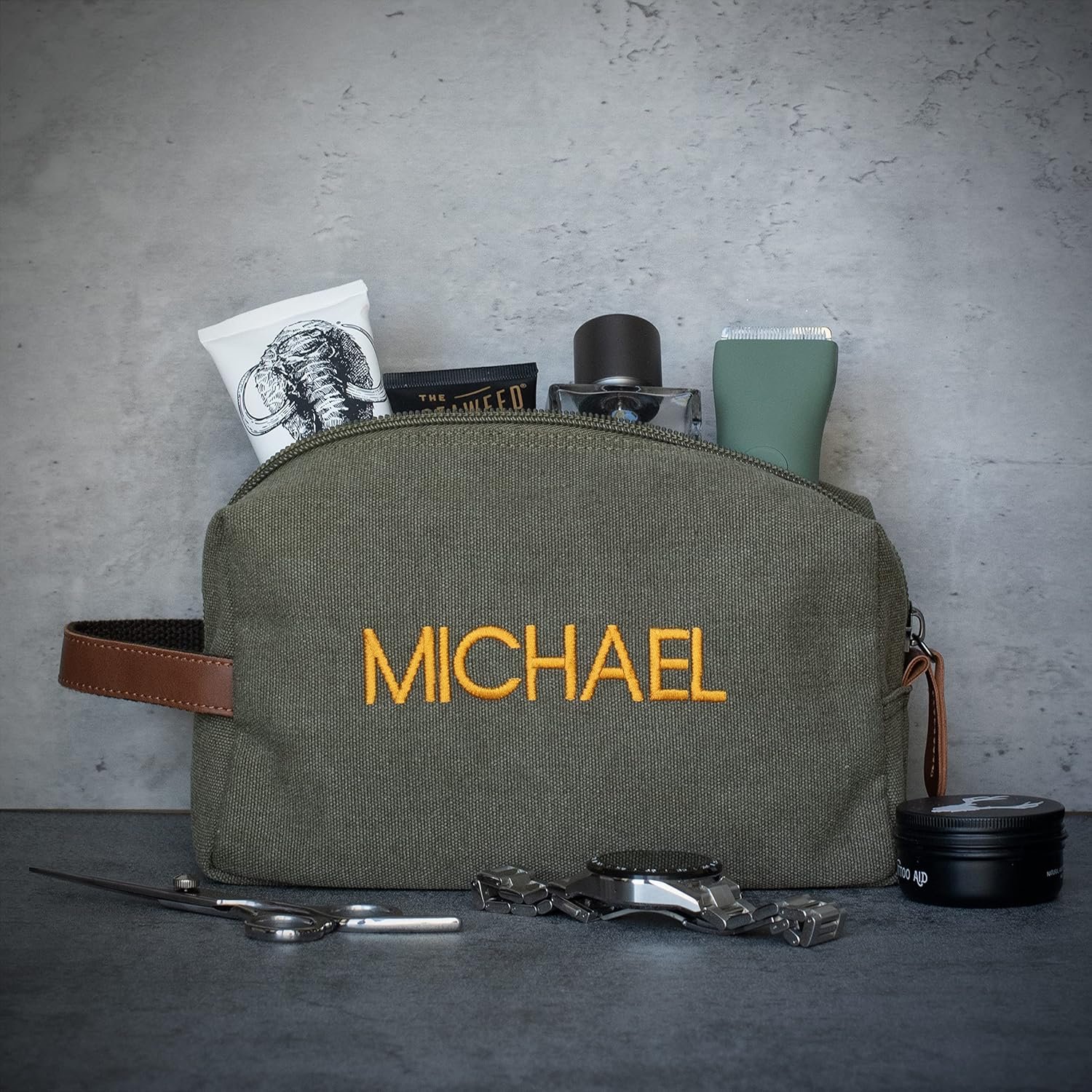 Custom Logo Embroidered Handcrafted Personalized Toiletry Bag for Men w/Name 5 Canvas & 8 Thread Colors Private Label Factory Gifts