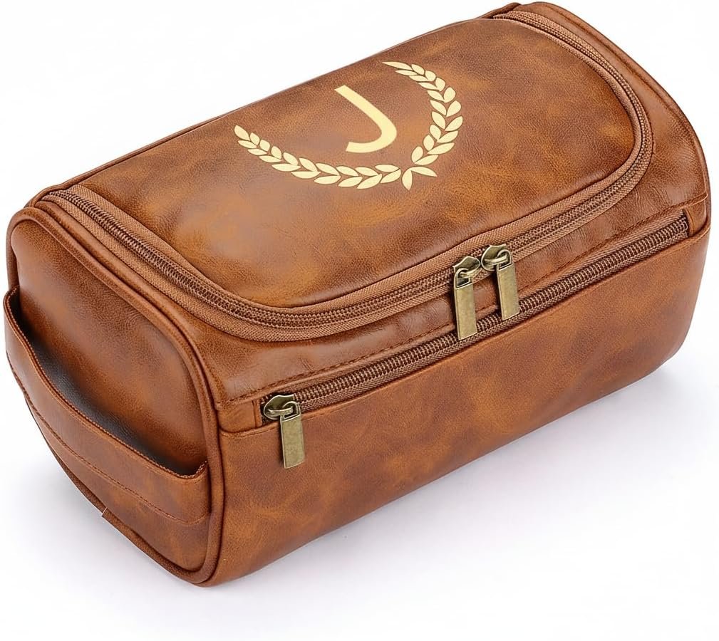 Private Label Mens Personalized Toiletry Bag Engraved Initial PU Leather Travel Shaving Essentials with Custom Logo for Him Birthday (J, Light Brown) Manufacturer