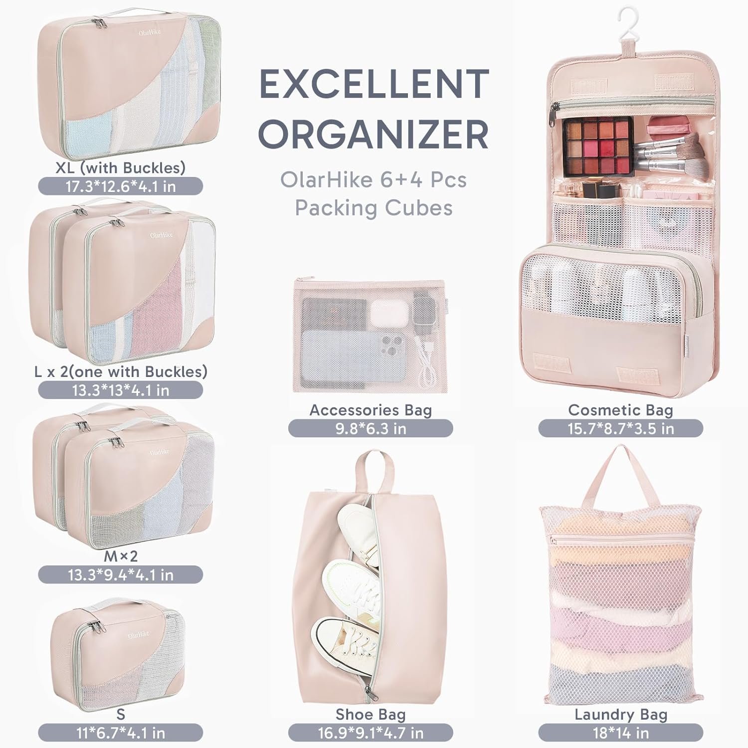 Private Label 10 Set Packing Cubes for Travel Gifts for Women Mom Custom Logo Anti-Tearing Suitcase Organizer for Luggage with Shoe & Hanging Toiletry Bag Factory Vacation Essentials & Accessories for Cruise Ship