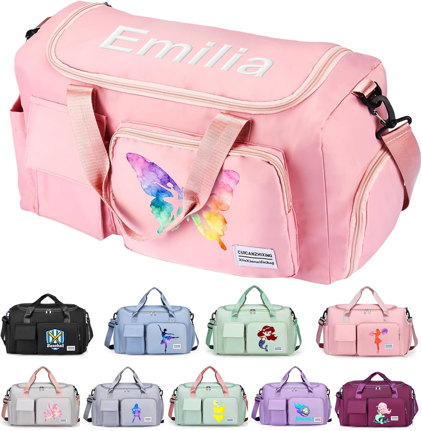 Custom Logo Personalized Duffle Bag with Embroidered Name and Pattern, Private Label Gym Bag for Women and Men with Shoe Compartment - Perfect for Travel Dance Cheer Overnight from Factory (9 Colors)