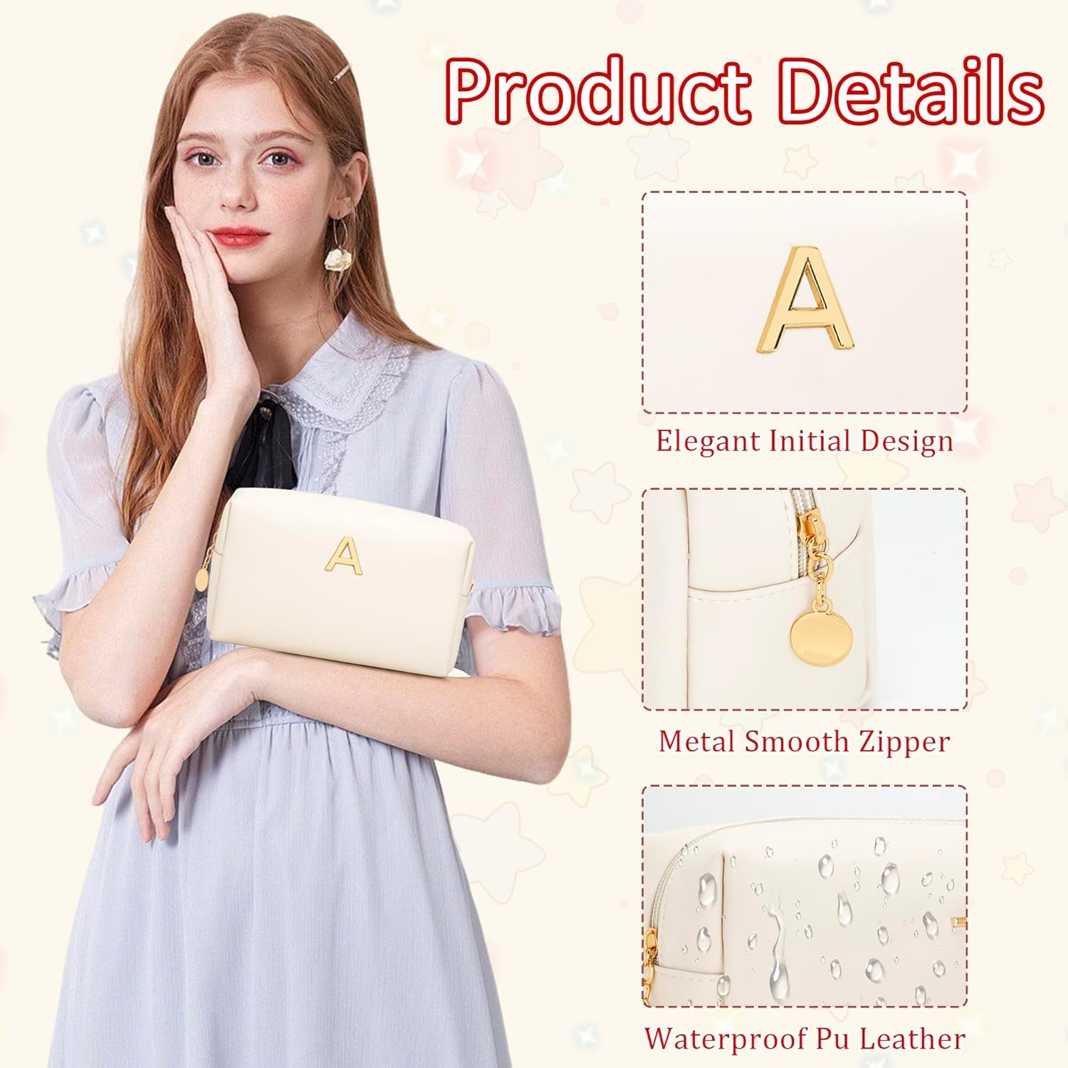 Custom Logo Personalized Initial Bridesmaid Gifts Makeup Bag PU Leather Cosmetic Waterproof Travel Toiletry Bag for Women Private Label Manufacturer (Beige A)
