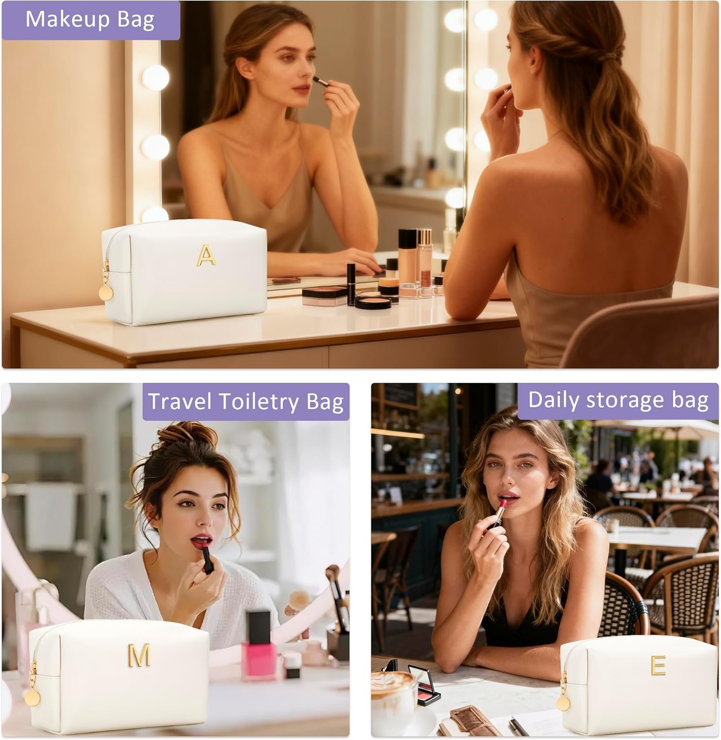 Custom Logo Personalized Initial Bridesmaid Gifts Makeup Bag PU Leather Cosmetic Waterproof Travel Toiletry Bag for Women Private Label Manufacturer (Beige A)