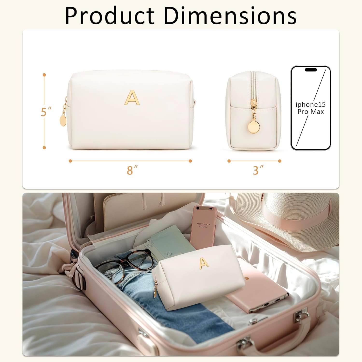 Custom Logo Personalized Initial Bridesmaid Gifts Makeup Bag PU Leather Cosmetic Waterproof Travel Toiletry Bag for Women Private Label Manufacturer (Beige A)