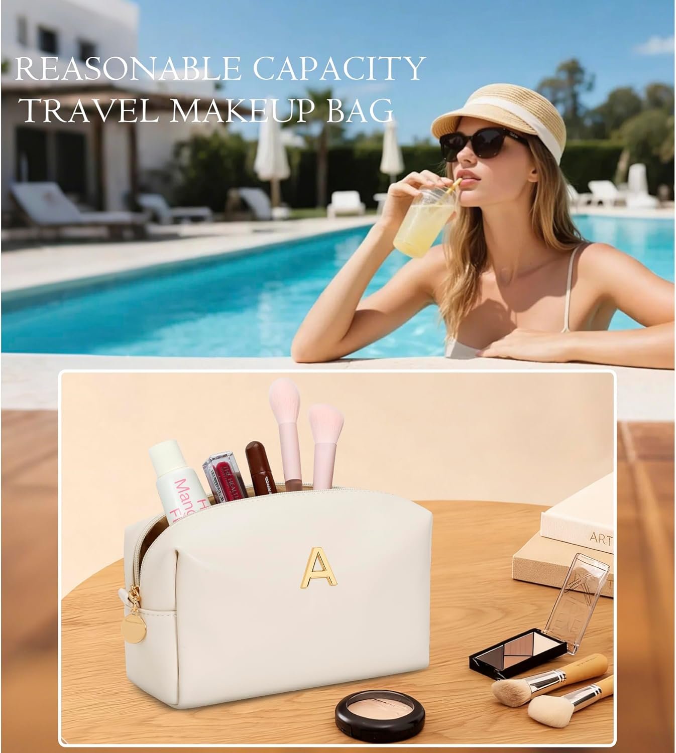 Custom Logo Personalized Initial Bridesmaid Gifts Makeup Bag PU Leather Cosmetic Waterproof Travel Toiletry Bag for Women Private Label Manufacturer (Beige A)