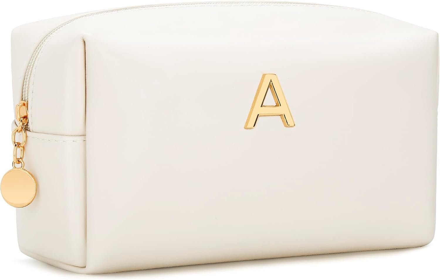 Custom Logo Personalized Initial Bridesmaid Gifts Makeup Bag PU Leather Cosmetic Waterproof Travel Toiletry Bag for Women Private Label Manufacturer (Beige A)