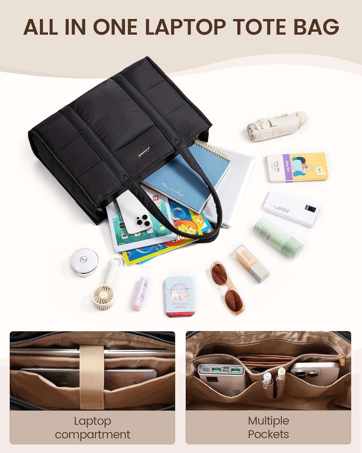 Custom Logo Puffer Tote Laptop Bag for Women 15.6 Inch Work Briefcase Private Label for Teachers Nurses Manufacturer Quilted Lightweight Casual Shoulder Bag for Travel Daily