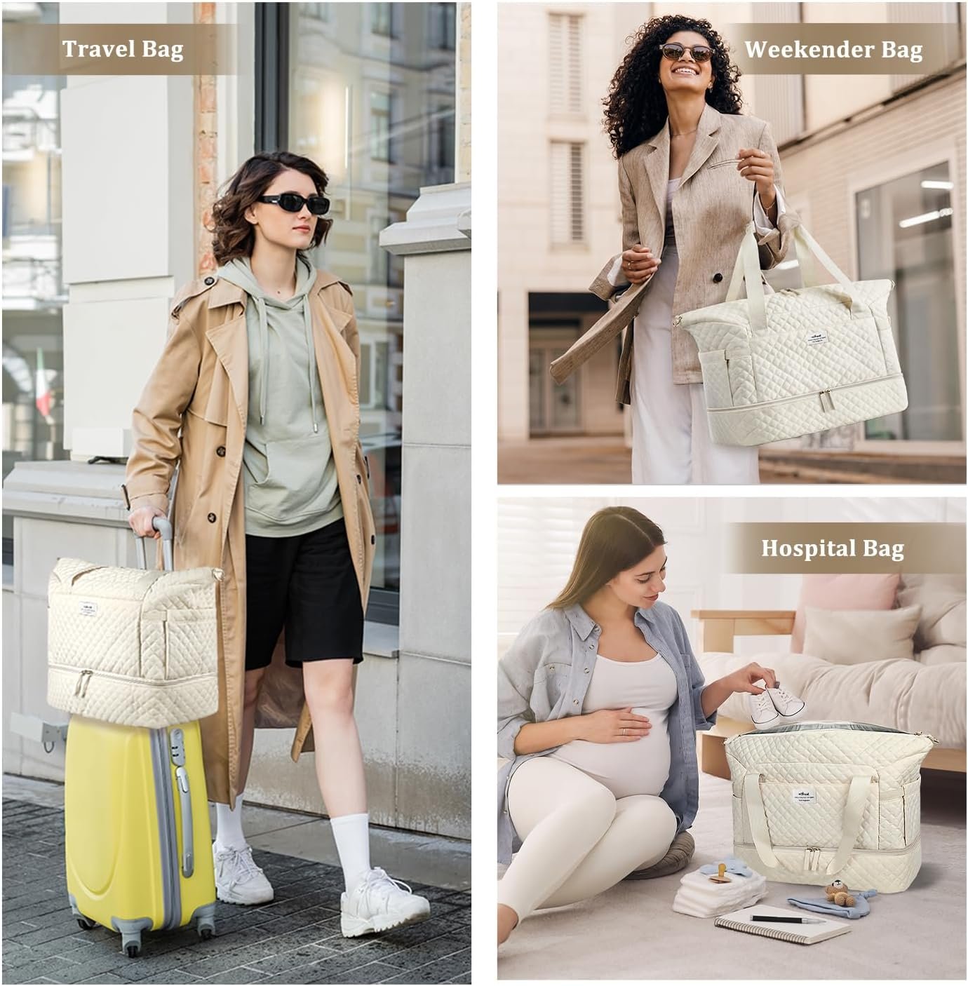 Manufacturer Weekender Bags for Women Personal Item Travel Bag with Wet Pocket and Shoes Compartment, Custom Logo 37L Duffel Hospital Bag for Labor Delivery, Private Label Beige