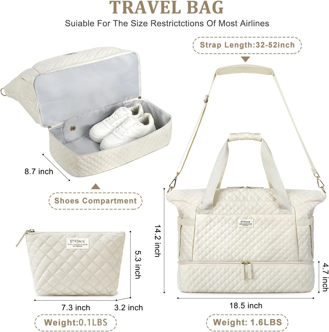 Manufacturer Weekender Bags for Women Personal Item Travel Bag with Wet Pocket and Shoes Compartment, Custom Logo 37L Duffel Hospital Bag for Labor Delivery, Private Label Beige