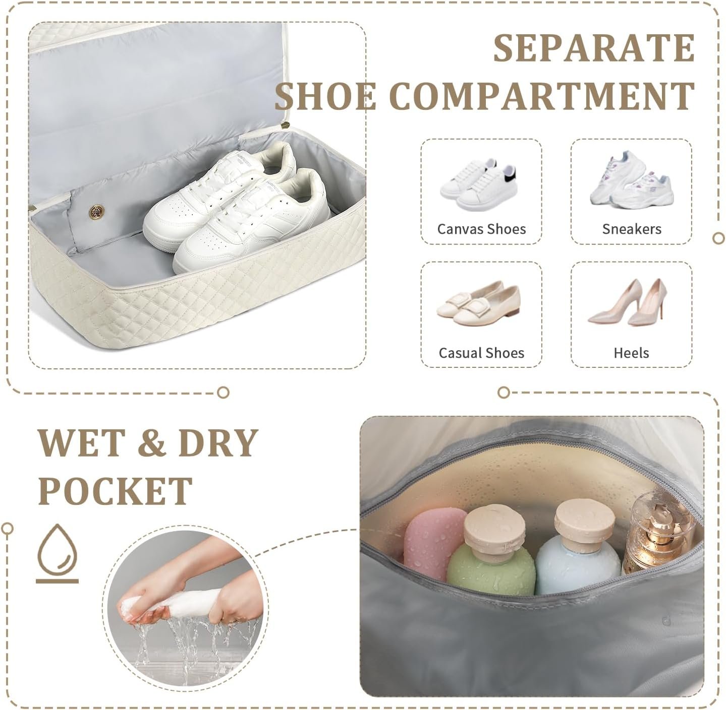 Manufacturer Weekender Bags for Women Personal Item Travel Bag with Wet Pocket and Shoes Compartment, Custom Logo 37L Duffel Hospital Bag for Labor Delivery, Private Label Beige