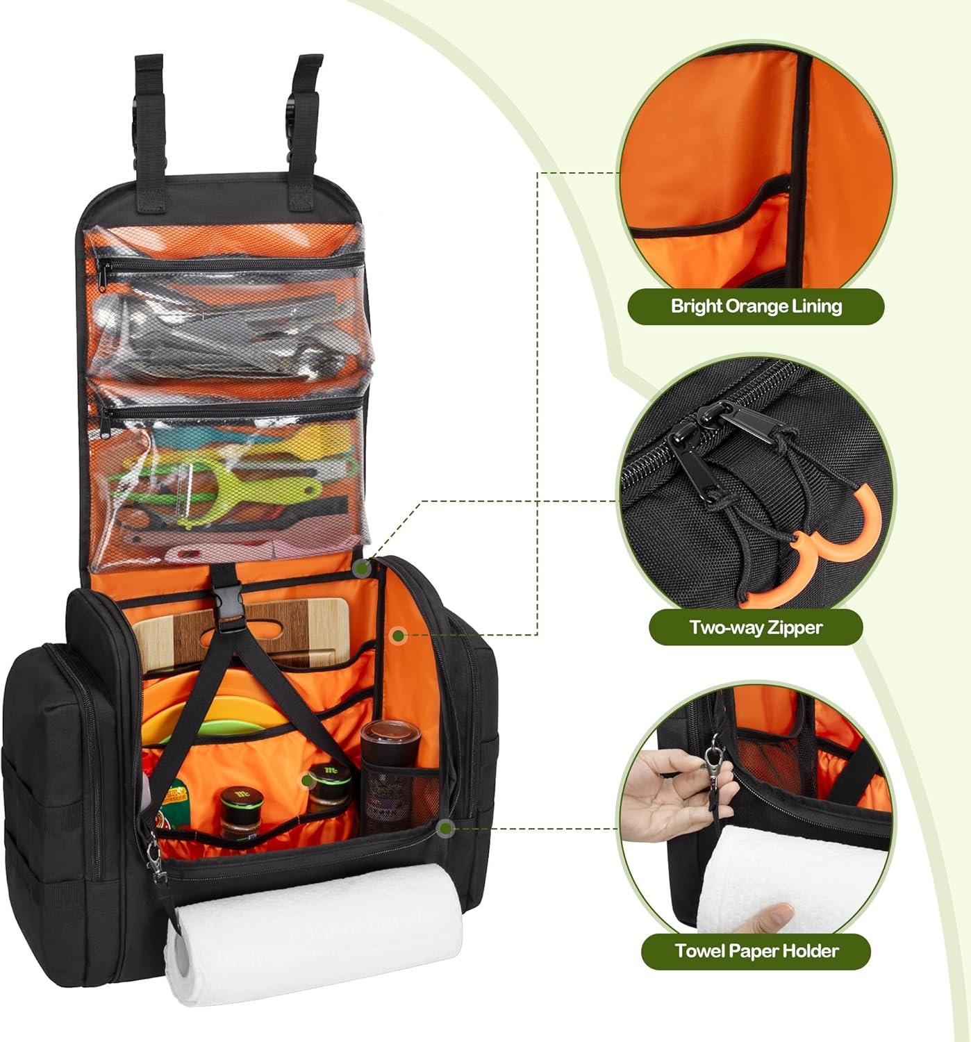 Private Label Large Tactical Camping Kitchen Organizer Custom Logo Hanging Cookware Storage Bag with Paper Towel Holder and Multi Pockets Factory Portable Camp Utensil Organizer for BBQ Cooking Essentials Black Bag Only