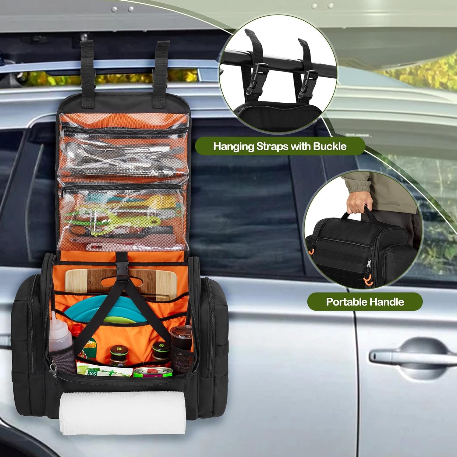 Private Label Large Tactical Camping Kitchen Organizer Custom Logo Hanging Cookware Storage Bag with Paper Towel Holder and Multi Pockets Factory Portable Camp Utensil Organizer for BBQ Cooking Essentials Black Bag Only