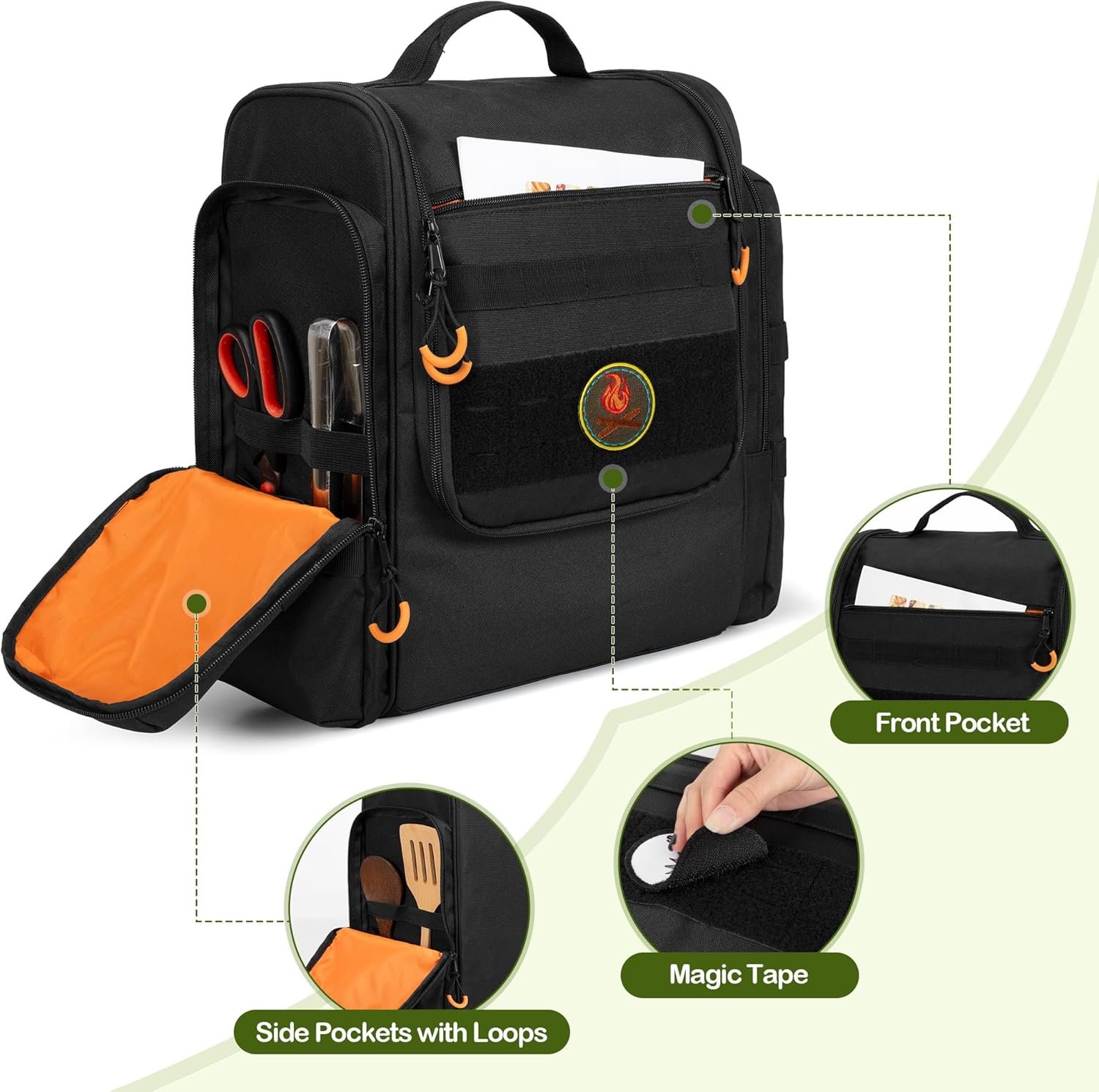 Private Label Large Tactical Camping Kitchen Organizer Custom Logo Hanging Cookware Storage Bag with Paper Towel Holder and Multi Pockets Factory Portable Camp Utensil Organizer for BBQ Cooking Essentials Black Bag Only