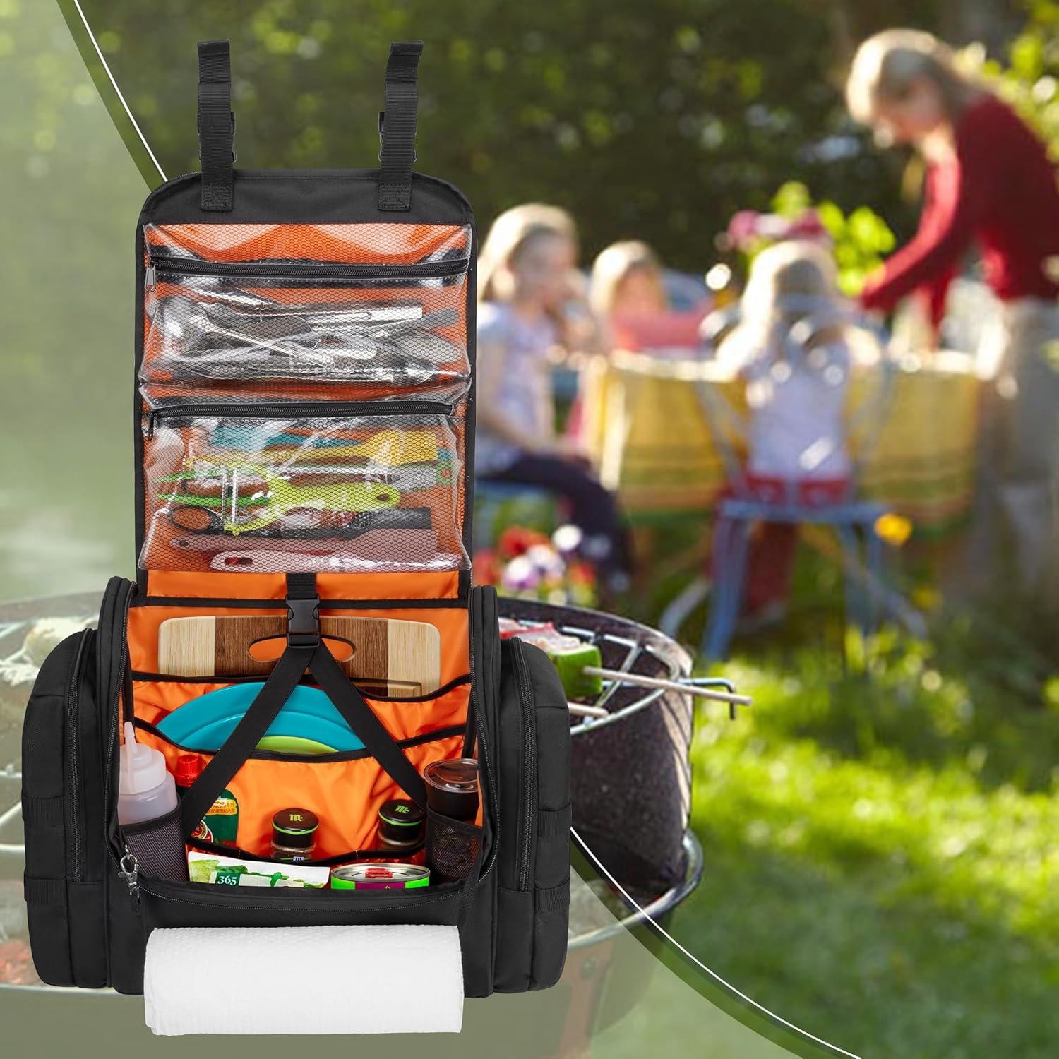 Private Label Large Tactical Camping Kitchen Organizer Custom Logo Hanging Cookware Storage Bag with Paper Towel Holder and Multi Pockets Factory Portable Camp Utensil Organizer for BBQ Cooking Essentials Black Bag Only