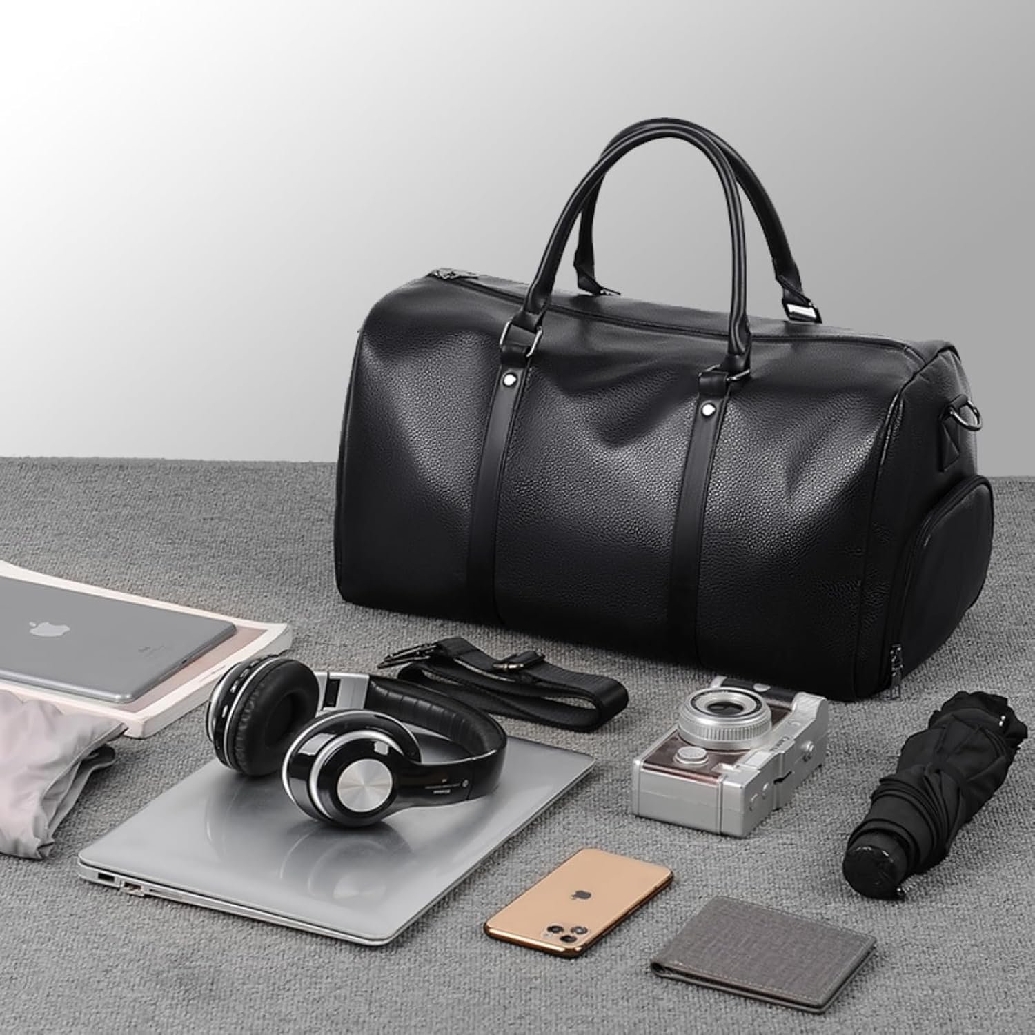 Private Label Leather Duffle Weekender Bag Custom Logo Personalized Embroidered with Shoes Compartment Manufacturer Gift for Men Groomsmen Anniversary Black