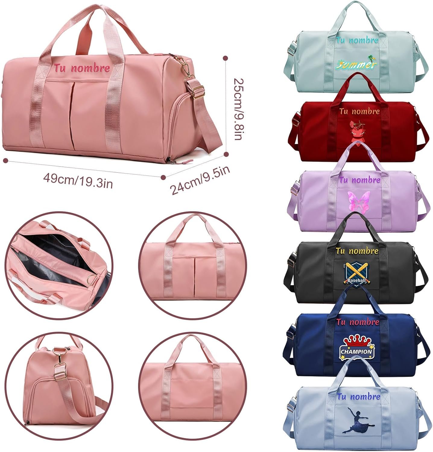 Custom Logo Embroidered Gym Duffel Bag - Private Label Personalized Sports Travel Overnight Bag with Waterproof Shoe Compartment Wet/Dry Pockets and Adjustable Strap - Manufacturer