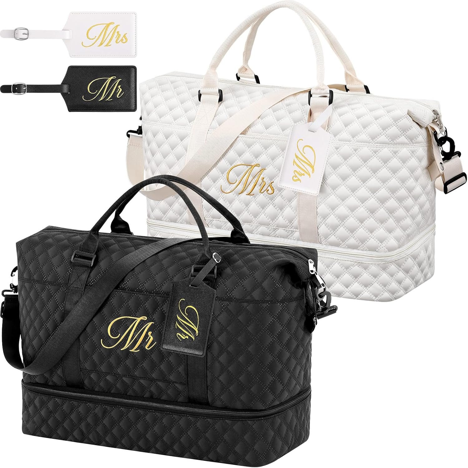 Private Label 4 Pcs Duffel Bag Set Including 2 Honeymoon Travel Bags with Shoe Compartment from Manufacturer and 2 Mr and Mrs Luggage Tags Black and White Custom Logo